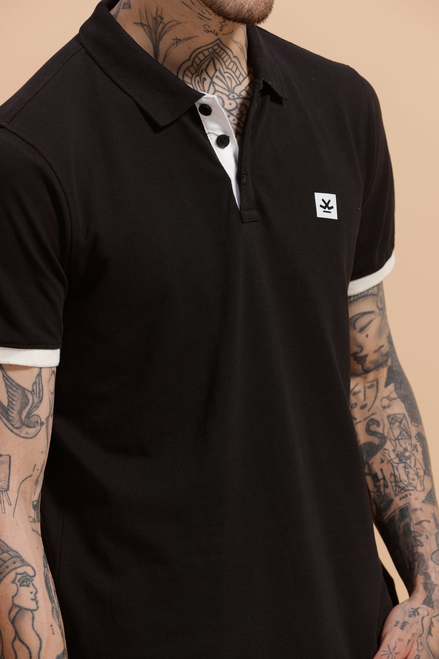Contrast Rib Pique Polo T-Shirt | Black