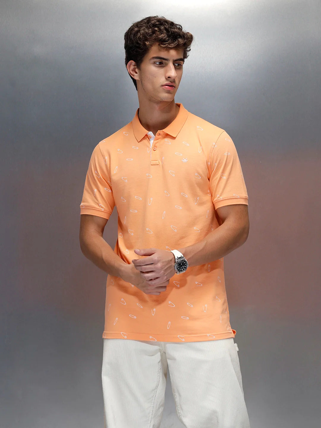 Wrogn Men's Casual All-Over-Printed Polo T-shirt | Orange