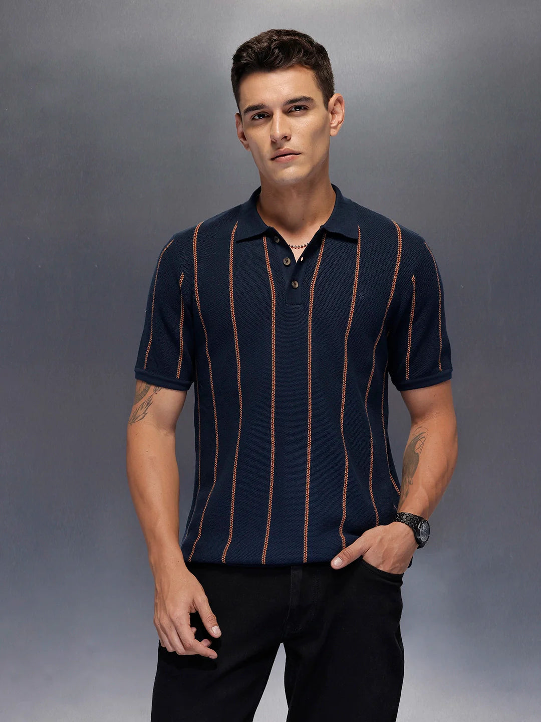 Men's casual polo t-shirt with constrast stripes | Navy Blue