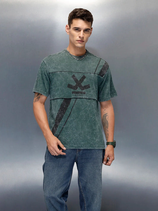 Washed Cut & Sew Graphic Printed Oversized Fit T-Shirt | Dark Green