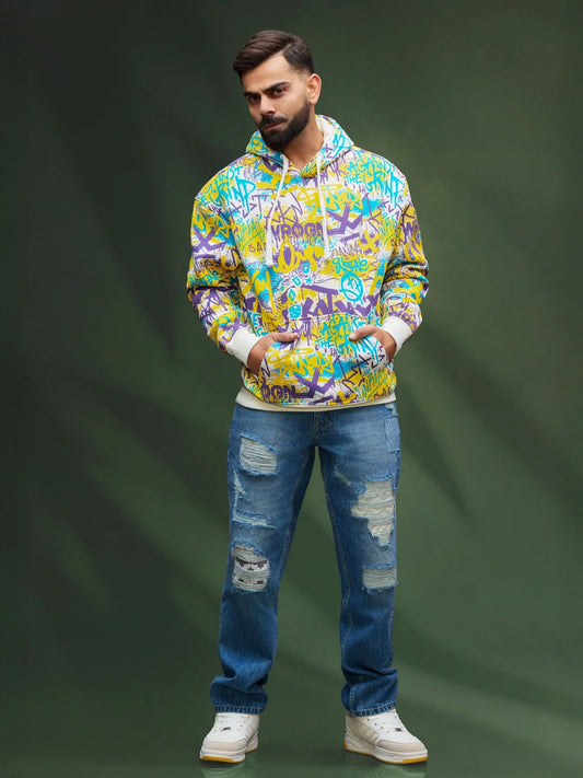 All Over Graffiti Print In Oversized Hoodie Pullover | Yellow