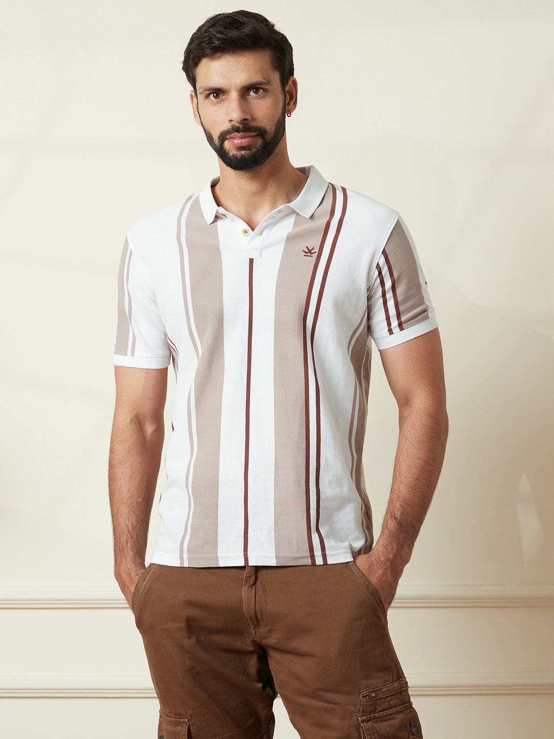 Striped Slim Fit Polo T-Shirt in Off White