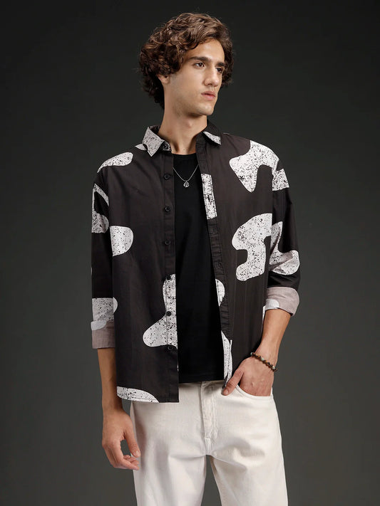 Wrogn Casual Distressed Effect Printed Shirt | Black