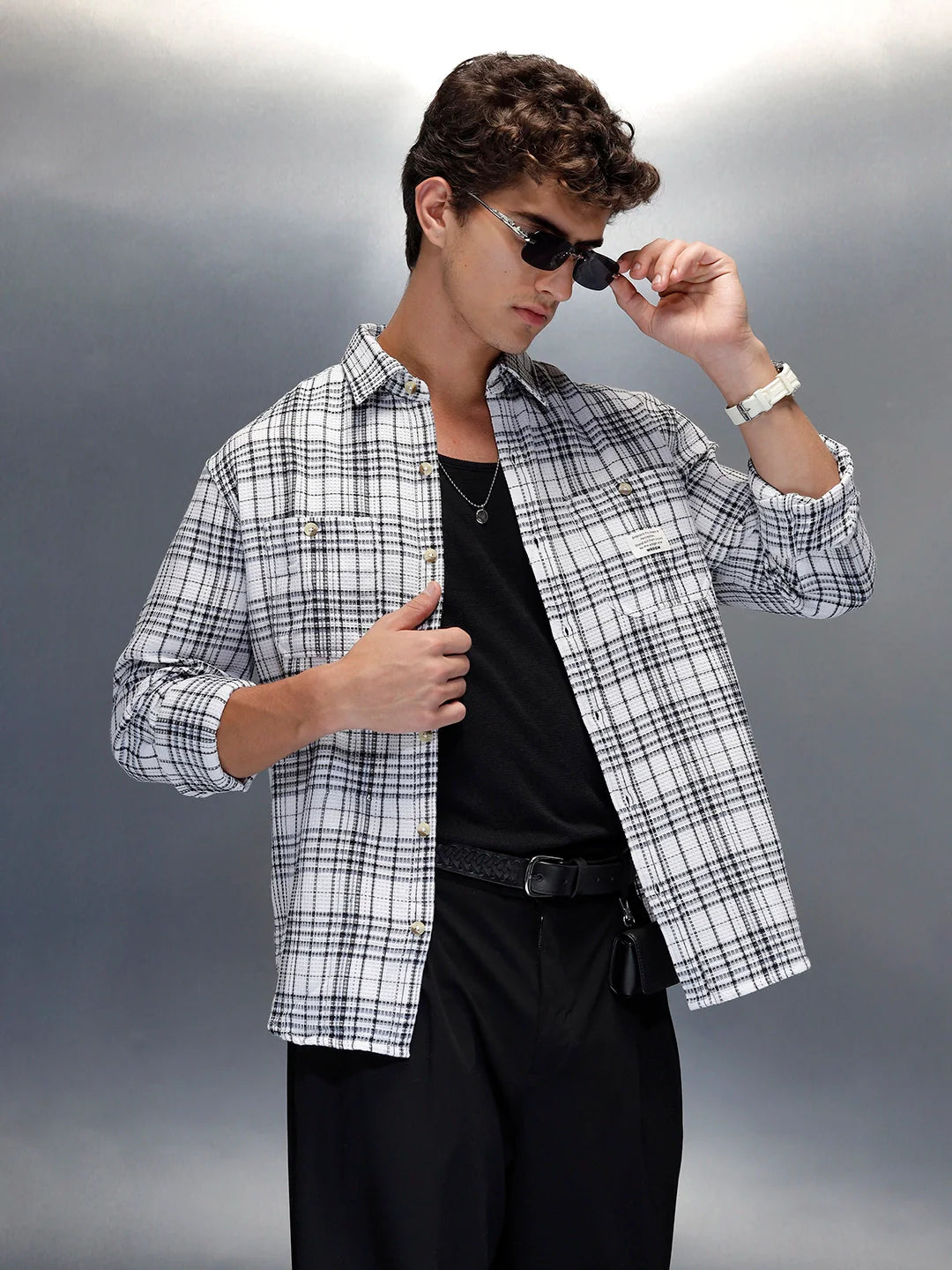 Wrogn Men's Checkered Double Pocket Casual Shirt | White