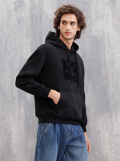Adorned Logo In Velvet Flock Print On Oversized Hoodie Pullover | Black