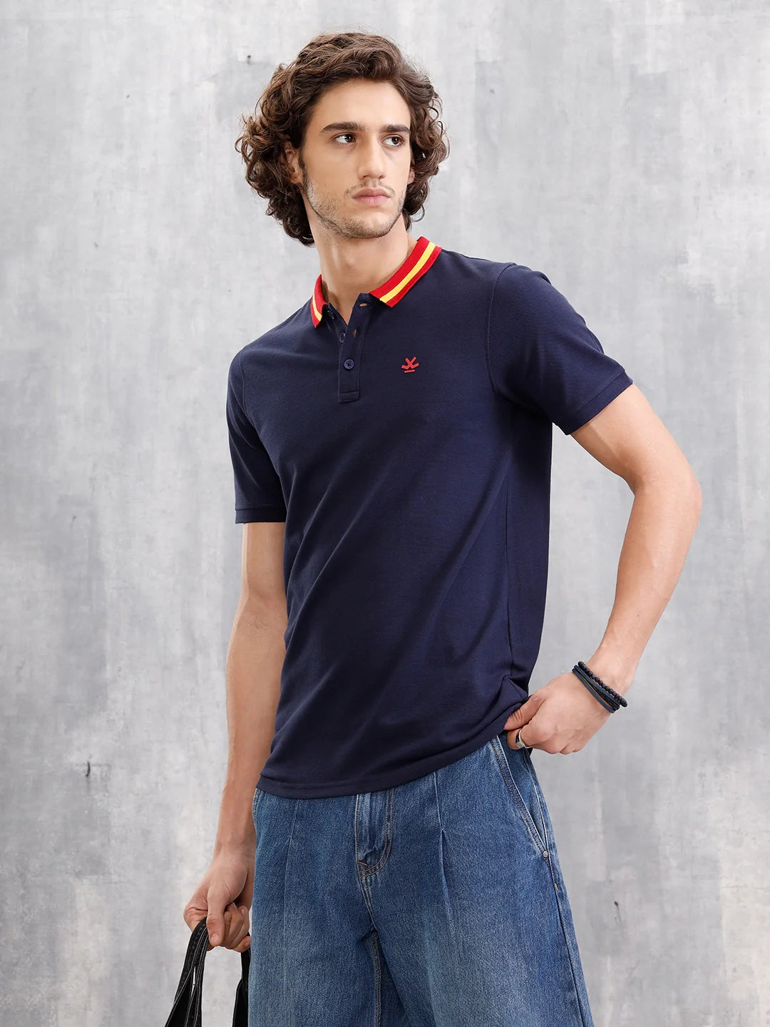 Solid Contrast Collar Polo T-Shirt  | Navy Blue