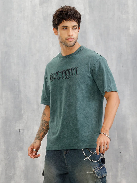 Acid Wash Oversized Fit T-shirt With Embroidery | Dark Green