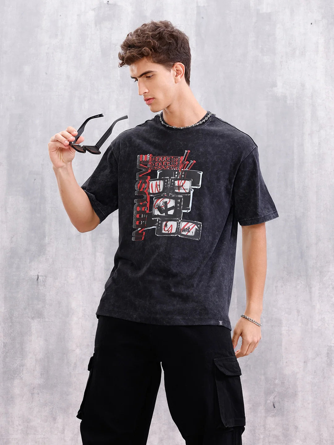 Acid Washed Retro Graphic Printed Oversized Fit Tshirt | Black