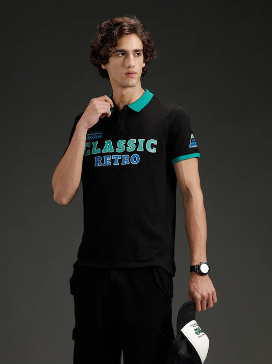 Wrogn Men's Typography Printed Contrast Collared Polo T-shirt | Black
