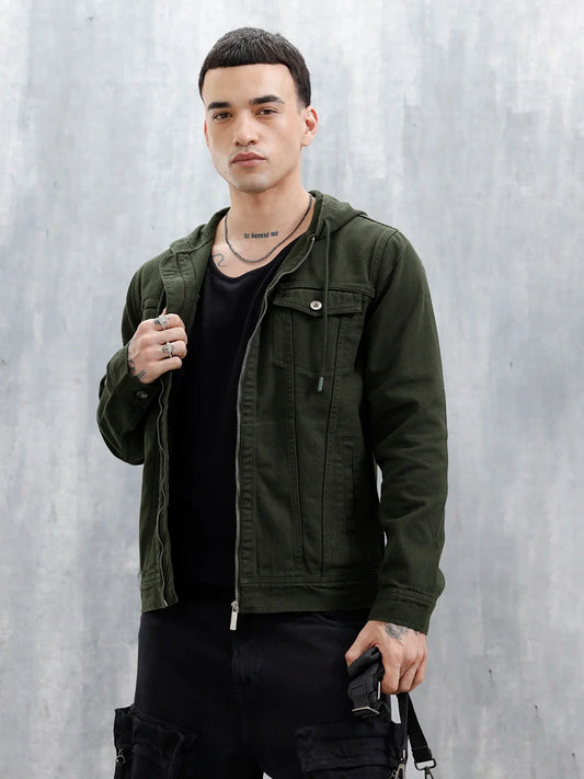 Wrogn Men's Casual Zip-Up Hooded Jacket | Olive