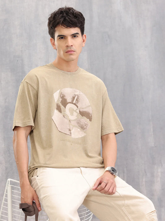 Retro Graphic Printed Oversized Fit Washed T-shirt | Khaki