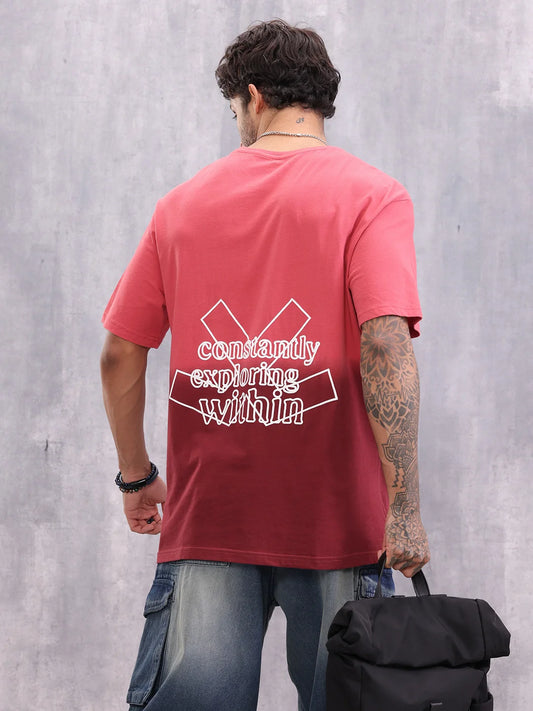 Ombre Dyed Back Graphic Printed Oversized Fit T-Shirt | Red