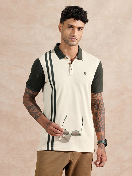 Assymetrical Striped Polo T-Shirt | Beige & Olive