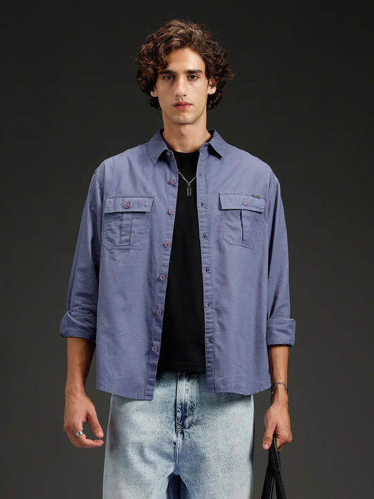Wrogn Men's Casual Comfort Fit Double Pocket Shirt | Grey