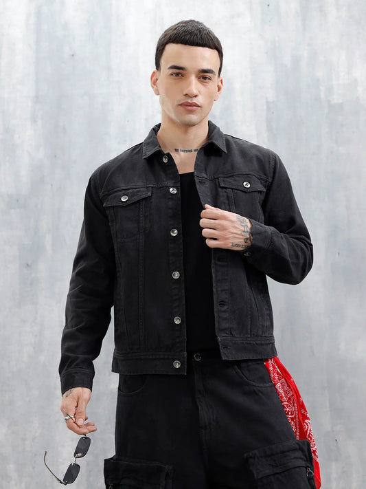 Wrogn Men's Solid Casual Denim Jacket | Black