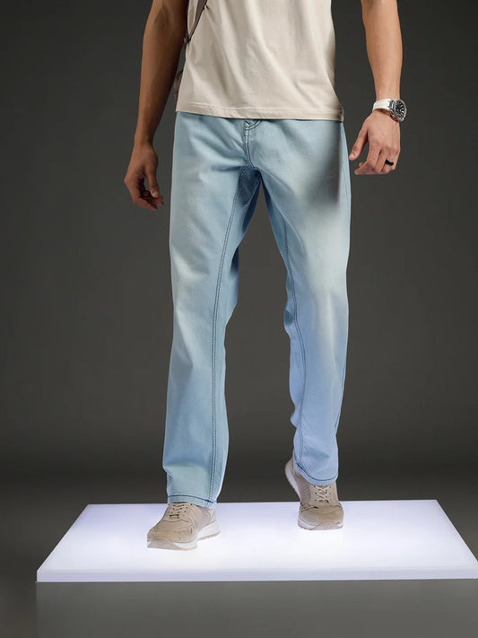 Wrogn Men's Casual Straight Fit Jeans with Contrast Stitch Detail | Light Blue