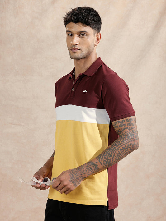 Cut & Sew Polo T-Shirt | Maroon & Yellow