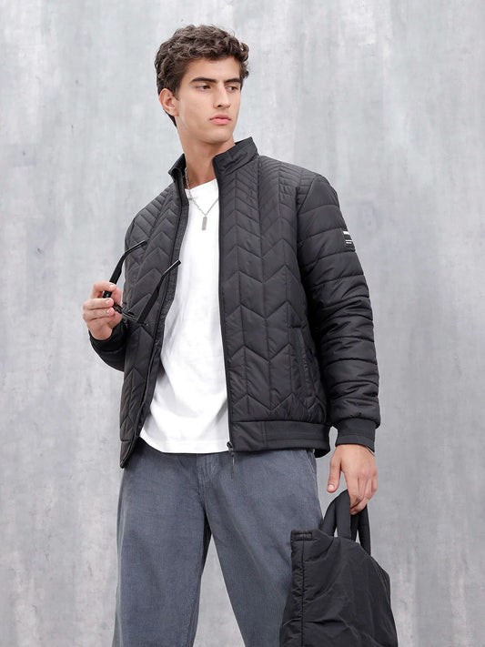 Casual Regular Fit Stand Collar Puffer Jacket | Black