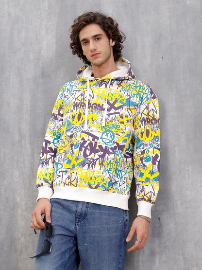 All Over Graffiti Print In Oversized Hoodie Pullover  |  Yellow