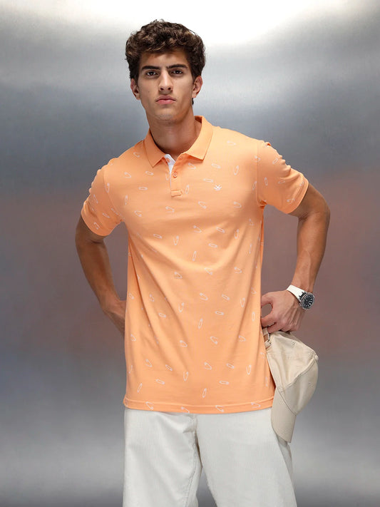 Wrogn Men's Casual All-Over-Printed Polo T-shirt | Orange