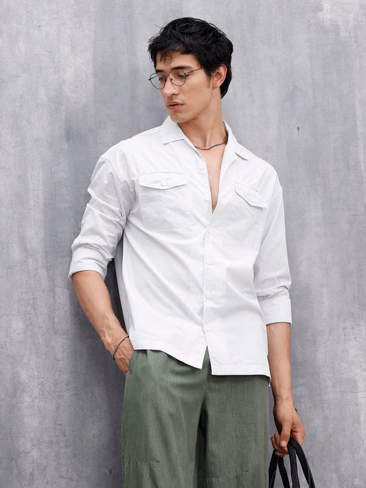 Casual Oversized Fit Striped Pattern Shirt | Off White