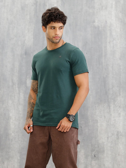 Hd Logo Printed Regular Fit T-shirt with Cut And Sew At Back | Dark Green