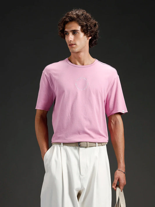 Wrogn Men's Raw Edged Oversized Graphic Tee | Purple