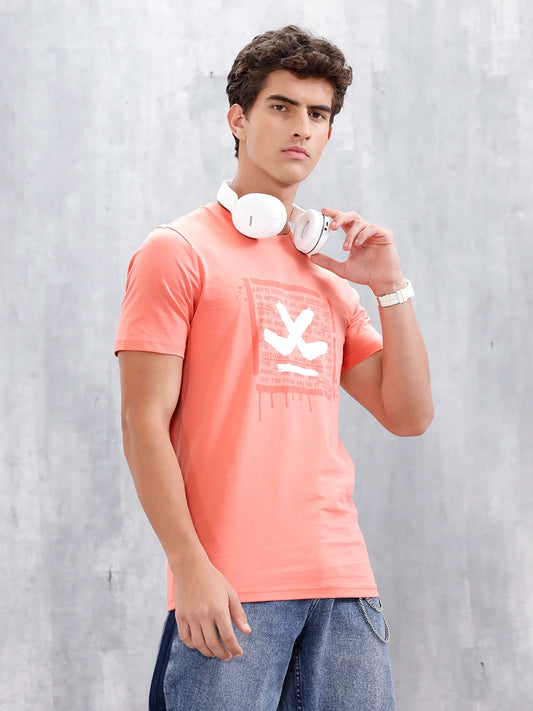 Casual Men Regular Fit Tee With Graphic | Peach