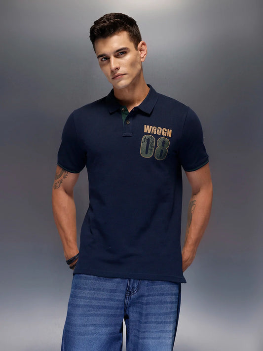 Men's regular fit polo with contrast placket & graphic chest print | Navy Blue