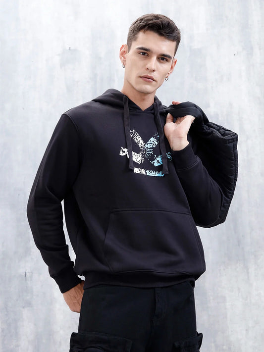 Wrogn Comfort Fit Graphic Hoodie Sweatshirt For Men | Black