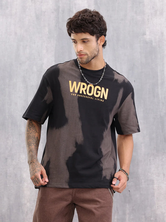 Black & Brown Tie-Dye Graphic T-Shirt With Bold Wrogn Print | Black