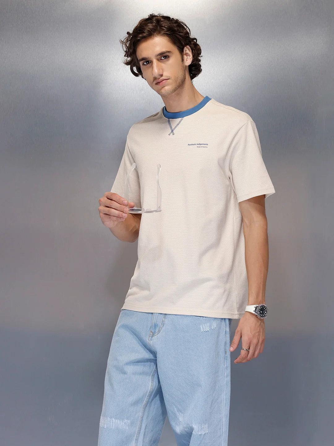 Men’s solid beige casual T-shirt with contrast crew neck | Beige