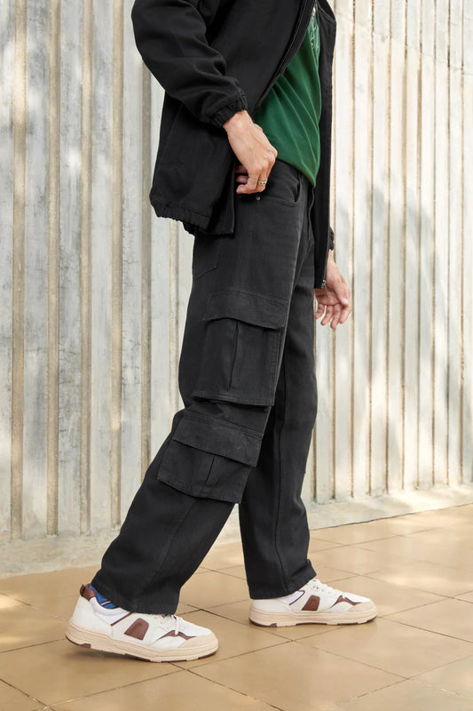 Casual Loose Fit Denim Cargo | Black