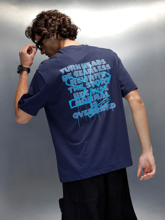 Wrogn Typography Printed Oversized T-Shirt | Navy Blue
