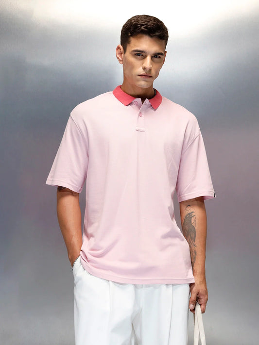 Men's Casual Oversized Fit Polo Collar T-Shirt | Pink