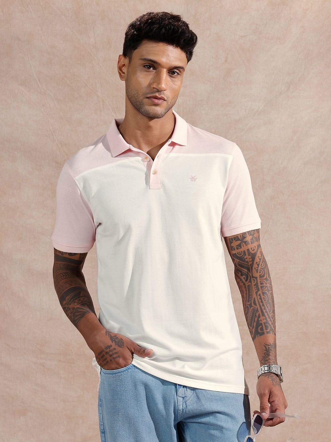 Colour Blocked Polo T-Shirt | White & Pink