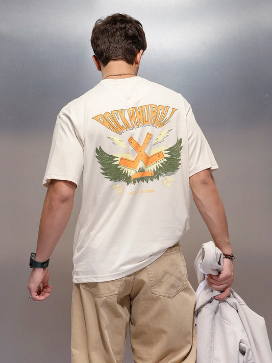 Casual Back Printed Oversized T-Shirt  | Beige