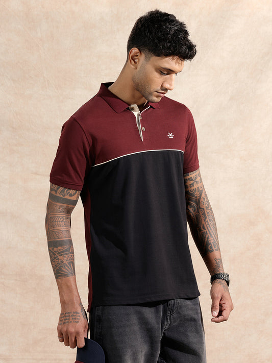 Colour Blocked Polo T-Shirt | Maroon & Black