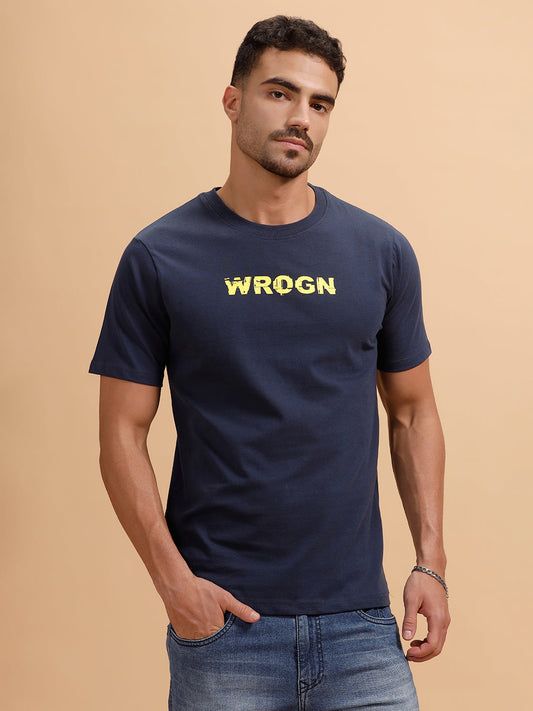 Glitched Logo Printed Slim Fit T-Shirt  | Navy Blue