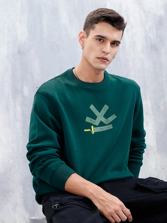 Wrogn Comfort Fit Graphic Sweatshirt For Men | Dark Green