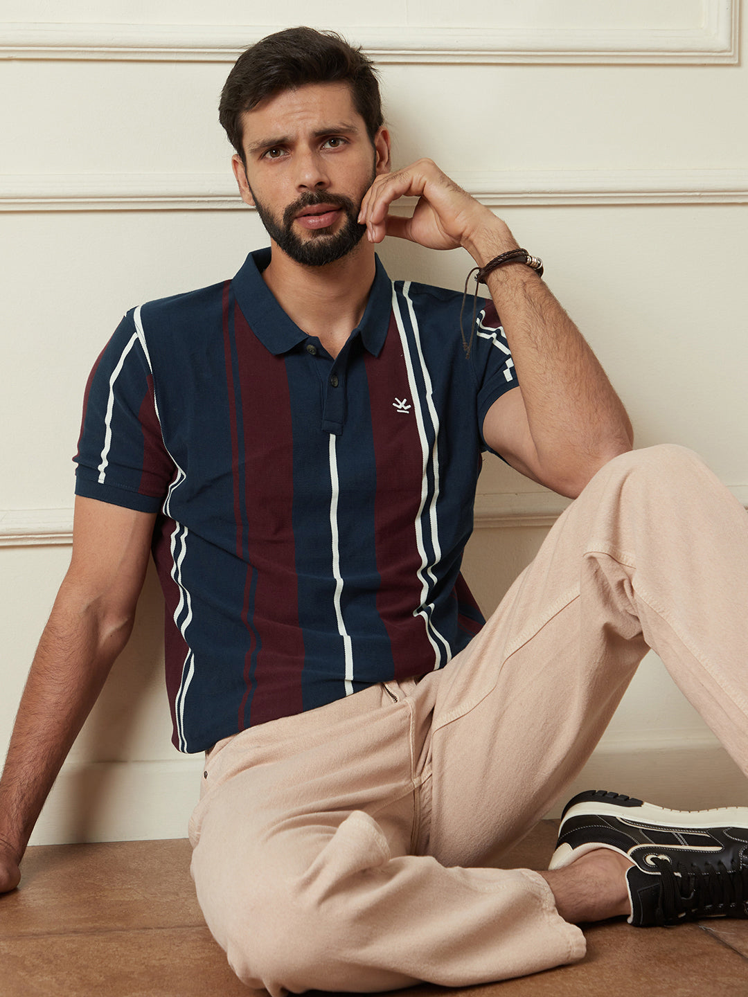 Navy Striped Slim Fit Polo T-Shirt