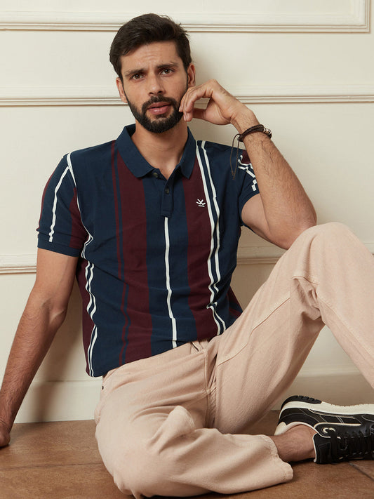 Navy Striped Slim Fit Polo T-Shirt