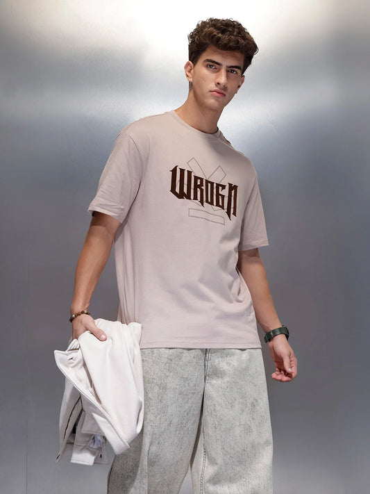 Classic Flock Printed Crew Neck T-Shirt  | Beige