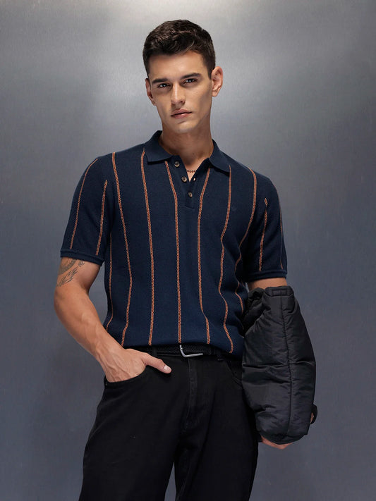 Men's casual polo t-shirt with constrast stripes | Navy Blue