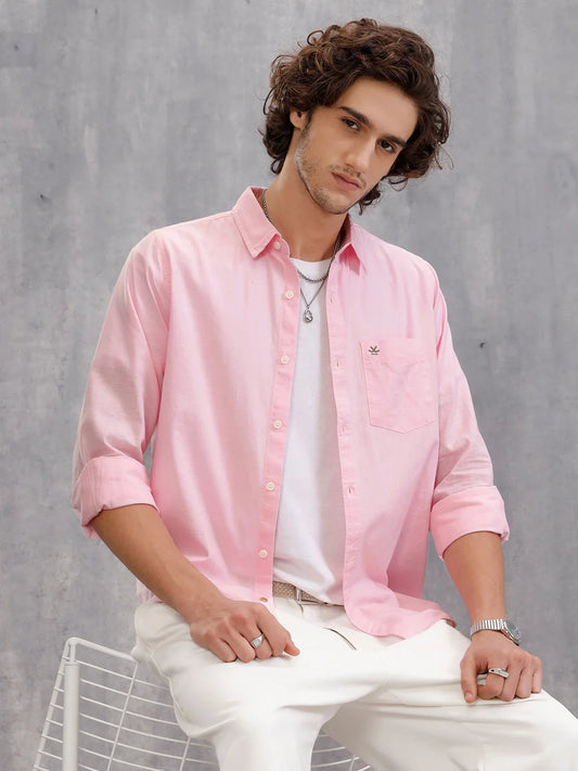 100% Cotton Slub Causal Look Slim Fit Solid Shirt | Pink
