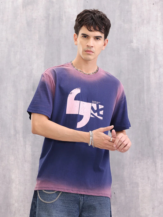 Spray Washed Effect Graphic Printed Oversized Fit T-shirt | Blue