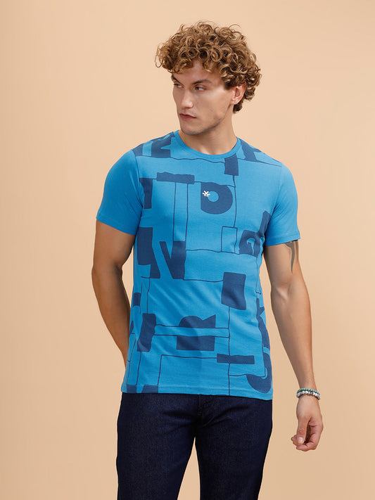 Typography Print Slim Fit T-Shirt | Blue