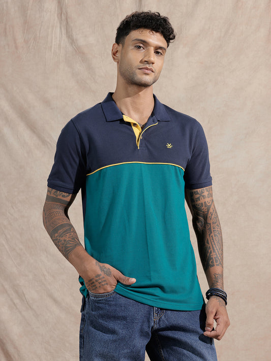 Colour Blocked Polo T-Shirt | Navy & Teal