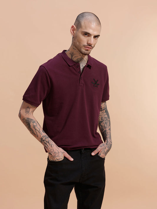Embroidered Logo Slim Fit Polo T-Shirt | Wine