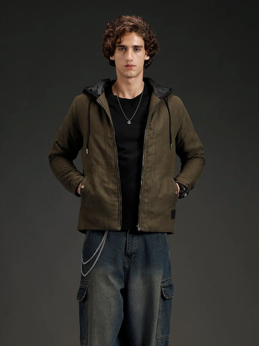 Wrogn Men's Slim Fit Hooded Jacket | Olive
